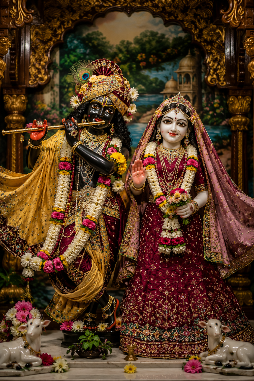 Deities of Sri Sri Radha-Krishna adorned with flower garlands and festival dress