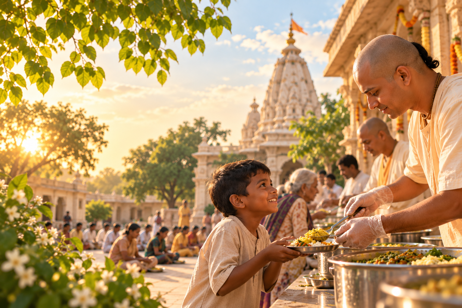 A devotee handing out prasadam to children